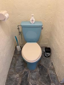 座间味村伊雍齐旅馆的角落里设有蓝色卫生间的浴室