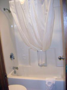 西沃德墨菲斯阿拉斯加酒店的配有白色窗帘的淋浴的浴室