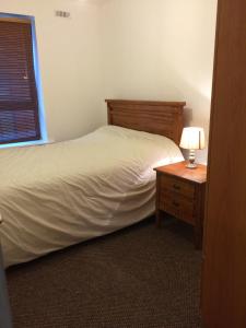 科克39号卡姆登码头公寓的一间卧室配有一张床和一张带台灯的桌子