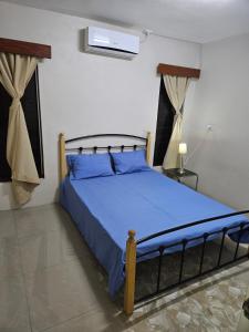 南迪Bula Stay的一间卧室配有一张带蓝色棉被的床
