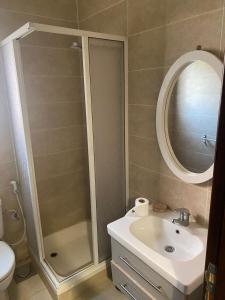 拉斯苏德尔Furnished Chalet Apartment at La Hacienda Ras Sedr的带淋浴、盥洗盆和镜子的浴室