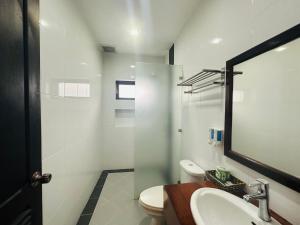 琅勃拉邦Villa Ban Pakham Hotel的一间带卫生间、水槽和镜子的浴室