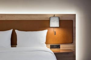 柏林柏林洪堡海因公园慕奇夕酒店的一间卧室配有一张白色的床,上面有灯