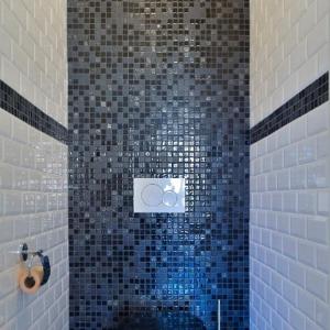 滨海自由城Beau 2P, très équipé, localisation parfaite/AC的浴室设有蓝色瓷砖淋浴。