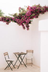 奥斯图尼Oltre gli Ulivi的墙上有两把椅子和一张带鲜花的桌子