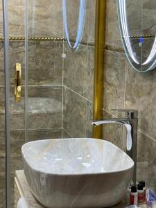 巴库Sherlock Hotel Baku的带淋浴的浴室内的白色水槽
