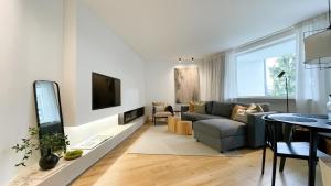 温特贝格INSIDE WINTERBERG - Design Apartment - Ski Bike Sauna的带沙发和电视的客厅