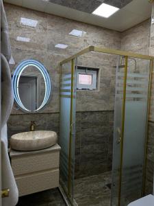 巴库Sherlock Hotel Baku的浴室配有盥洗盆和带镜子的淋浴