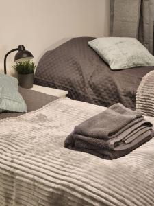 图尔库Viihtyisä täysin kalustettu ja varustettu yksiö Logomolla 1vrk-36kk的床上有一堆毛巾