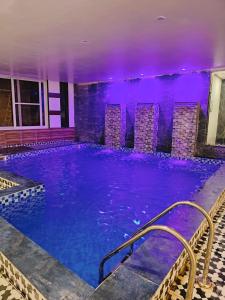 瑞诗凯诗Hotel DC Hills Rishikesh的一个带紫色照明的大型游泳池