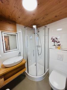 鲁斯特Ferienwohnung Tännle的带淋浴和盥洗盆的浴室