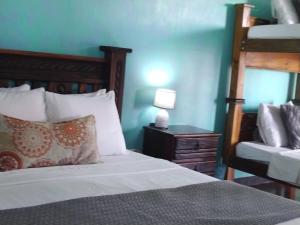 阿拉胡埃拉Lajuela BnB & Hostel的一间卧室,配有一张床和床头灯