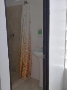 阿拉胡埃拉Lajuela BnB & Hostel的浴室配有淋浴帘和盥洗盆。
