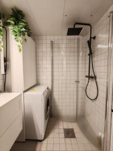 奥斯陆Central and cozy next to Oslo S的带淋浴和洗衣机的浴室