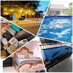 麻坡Basrie Villa Pagoh - Mini Cinema , Private Pool , Wi-Fi , NetFlix的一张游泳池和一台电视机的照片拼凑而成