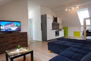 HerresbachSpeedys Apartments am Brünnchen的客厅配有蓝色的沙发和电视