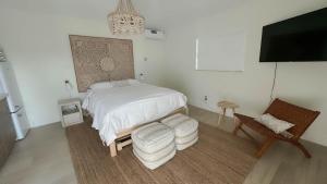 皮尔斯堡Seahorse Beach Bungalows的一间卧室配有一张床、一把椅子和电视。