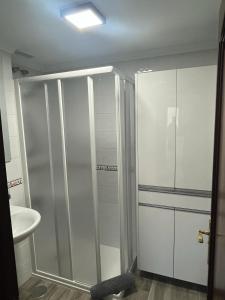 加尔达尔Acogedor apartamento con piscina yedae的带淋浴和盥洗盆的浴室