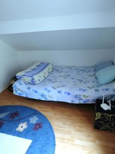 LjubovijaVikendica Dragica 1的一间卧室配有一张带蓝色床单和枕头的床。
