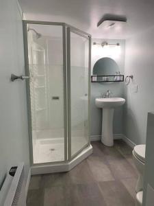 坎贝尔顿Ting’s Place - Luxury suite的一间带玻璃淋浴和水槽的浴室