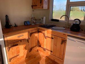 波塔灵顿Red Sheds Cabin的厨房配有木制橱柜、水槽和窗户。