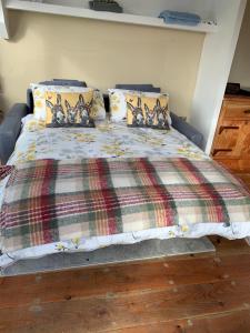 波塔灵顿Red Sheds Cabin的一张带铺着地毯和枕头的床