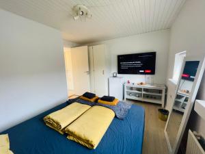 比伦德1 private room in Billund的一间卧室配有蓝色的床和一台平面电视
