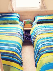 埃克斯茅斯3 Bedroom Deluxe Caravan at Haven Devon Cliffs的两张睡床彼此相邻,位于一个房间里