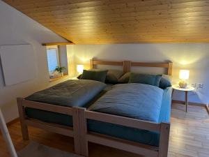 NetstalWohnung am Postweg的一间卧室设有两张床和木制天花板