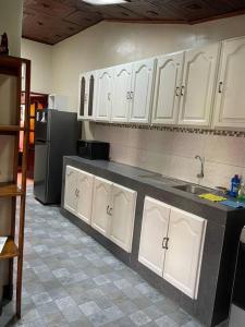 伊基托斯Casa de Lujo 5 estrellas !的厨房配有白色橱柜和黑色冰箱。