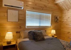 阿什伯勒Serene 1BR Cabin near NC Z00 with Loft & Waterview的一间卧室配有一张带两盏灯的床和一扇窗户。
