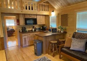 阿什伯勒Serene 1BR Cabin near NC Z00 with Loft & Waterview的小木屋内的厨房和客厅