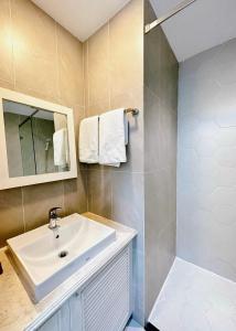 胡志明市Thinh Vuong Apartment IX的一间带水槽、镜子和淋浴的浴室