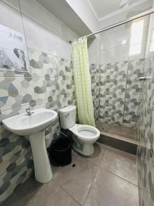 瓦拉斯Yerupaja Mountain Hostel的浴室配有卫生间、盥洗盆和淋浴。