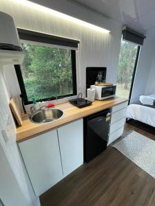 戴尔斯福特Longmore Estate的一个带水槽的厨房和一个大篷车内的窗户