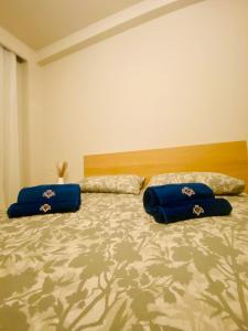 塞萨洛尼基Orion White Tower Apartment的卧室配有2个蓝色枕头