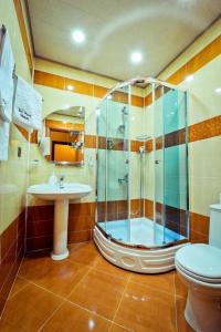 巴库Hotel & Bistro的带淋浴、卫生间和盥洗盆的浴室