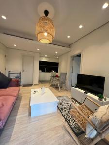 亚喀巴The Oasis Luxury Apartment的带沙发和电视的客厅