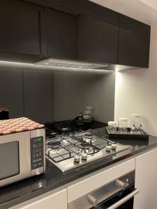 亚喀巴The Oasis Luxury Apartment的厨房配有炉灶和微波炉。