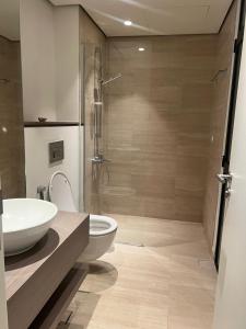 亚喀巴The Oasis Luxury Apartment的带淋浴、卫生间和盥洗盆的浴室