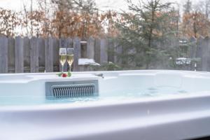 博希尼Hiša Erlah的热水浴池,备有两杯香槟