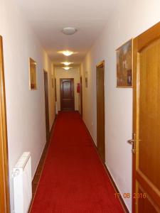 SuzaPiroš čizma的一条长长的走廊,有红地毯和一扇门