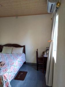 希莫尤Recanto do Meu Tio的一间卧室配有一张床、一张桌子和一个窗户。
