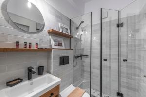 菲罗斯特法尼伊利亚特别墅 的带淋浴、盥洗盆和镜子的浴室