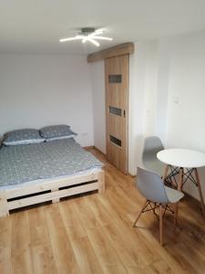 索利纳Pensjonat na Wzgórzu的一间卧室配有一张床和一张桌子