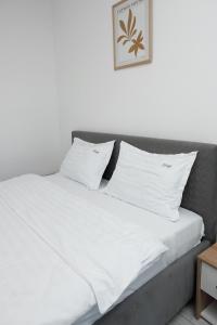 苏恰瓦Cozy ApartHotel Suceava的一张带白色床单和枕头的床