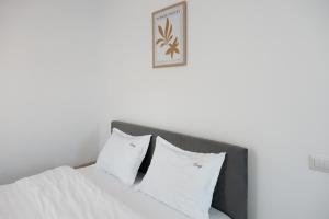 苏恰瓦Cozy ApartHotel K Suceava的一张带白色枕头的床和一张墙上的照片