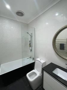 悉尼Ideal 3 Bedroom House City Centre Glebe 2 E-Bikes Included的一间带卫生间、水槽和镜子的浴室
