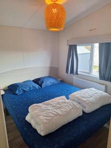 劳雷尔苏格EnJoy Meer und See Ferienhaus -Aan het Lauwersmeer in Lauwersoog -3 Slaapkamers - 1 tot 6 pers -Vanaf 14u al inchecken! Free WIFI!的一间卧室配有一张带蓝色床单的床和一扇窗户。
