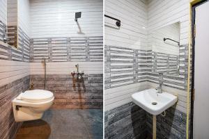 维杰亚瓦达FabHotel Raj Vihar Residency的浴室的两张照片,配有卫生间和水槽